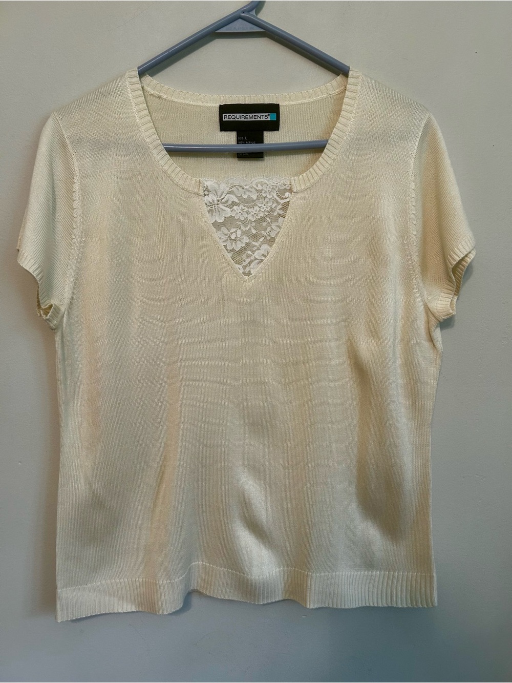 Requirements Cream Lace-Inset Short Sleeve Knit Tee/Lightweight Sweater